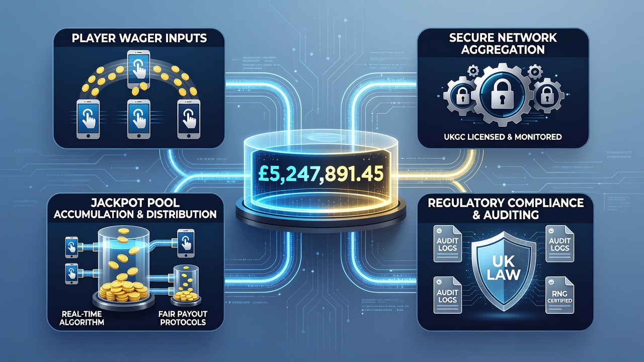 Diagram illustrating data flow between mobile apps and a central progressive jackpot server